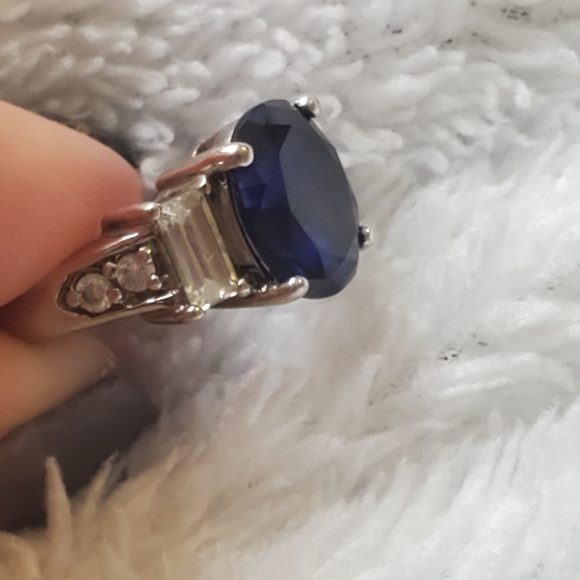 Sterling Silver Lab Created Blue Sapphire  Gem & CZ‎ Oval Cocktail Ring Size 6 - Picture 8 of 12